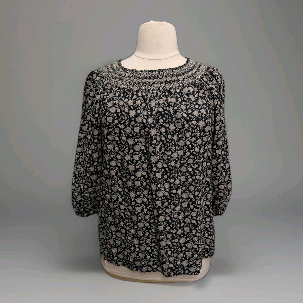 J Jill Top Sz Large Black Brown Ditsy Floral Smocked Peasant Top Balloon Sleeve